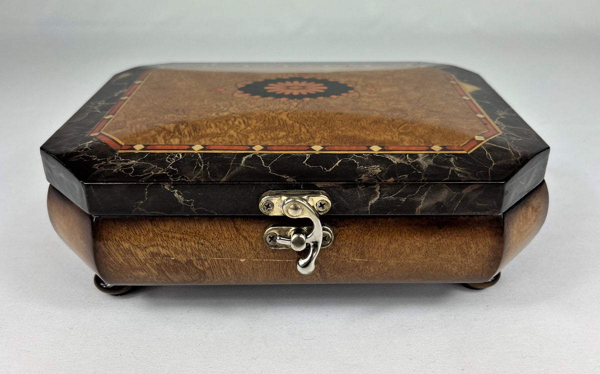 Musical Footed Wooden Jewelry Box with Brass Clasp and Hinges, Mirror Inside 6.5" x 9" x 3" tall