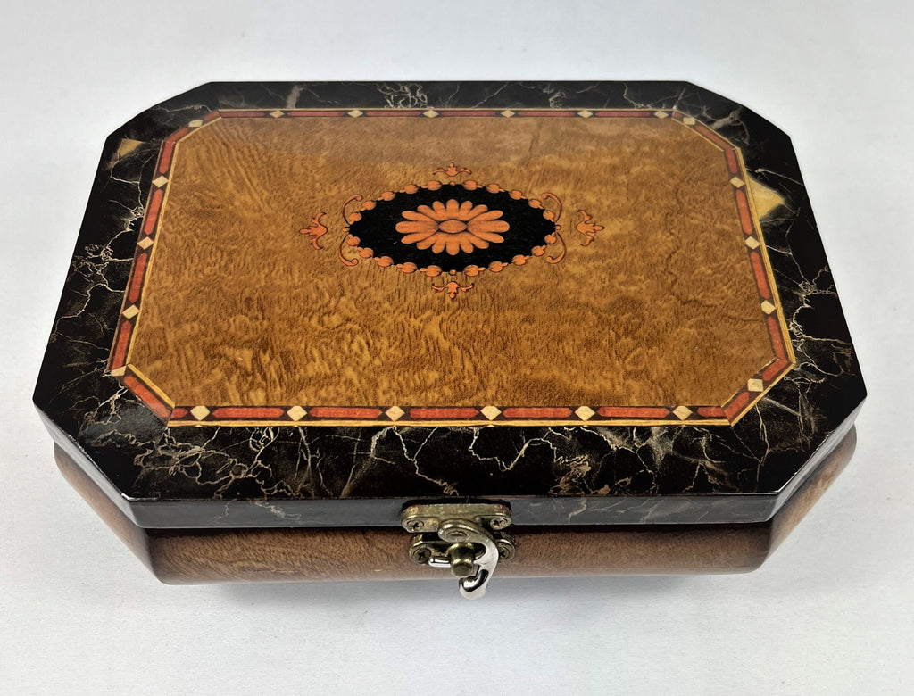 Musical Footed Wooden Jewelry Box with Brass Clasp and Hinges, Mirror Inside 6.5" x 9" x 3" tall