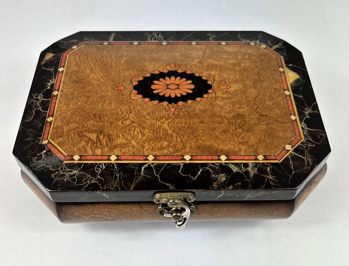 Musical Footed Wooden Jewelry Box with Brass Clasp and Hinges, Mirror Inside 6.5" x 9" x 3" tall
