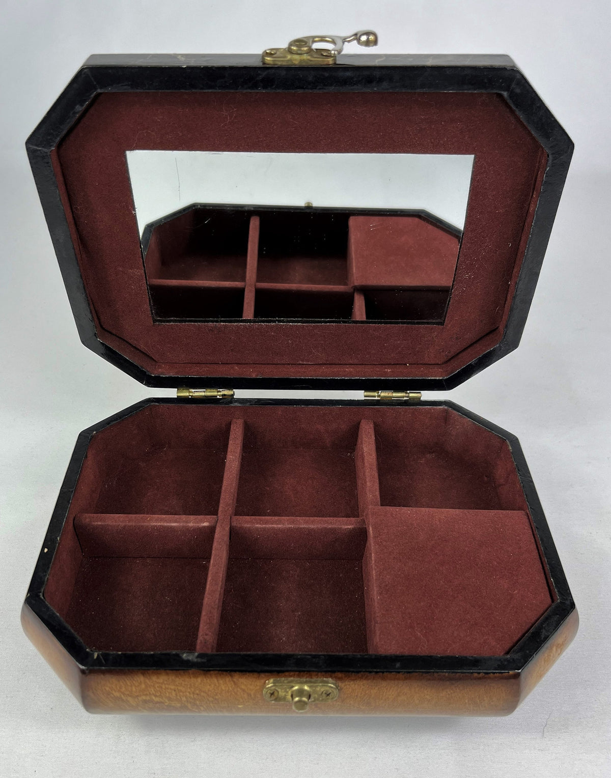 Musical Footed Wooden Jewelry Box with Brass Clasp and Hinges, Mirror Inside 6.5" x 9" x 3" tall