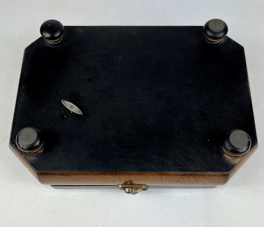 Musical Footed Wooden Jewelry Box with Brass Clasp and Hinges, Mirror Inside 6.5" x 9" x 3" tall