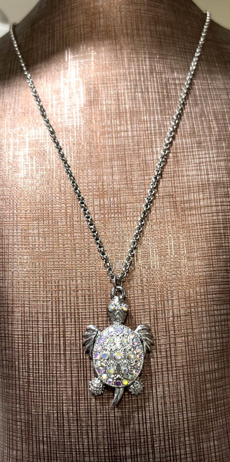Silver Sea Turtle Pendant Necklace With Rhinestone Accents 18" Chain Womens Jewelry