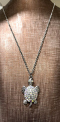 Silver Sea Turtle Pendant Necklace With Rhinestone Accents 18" Chain Womens Jewelry