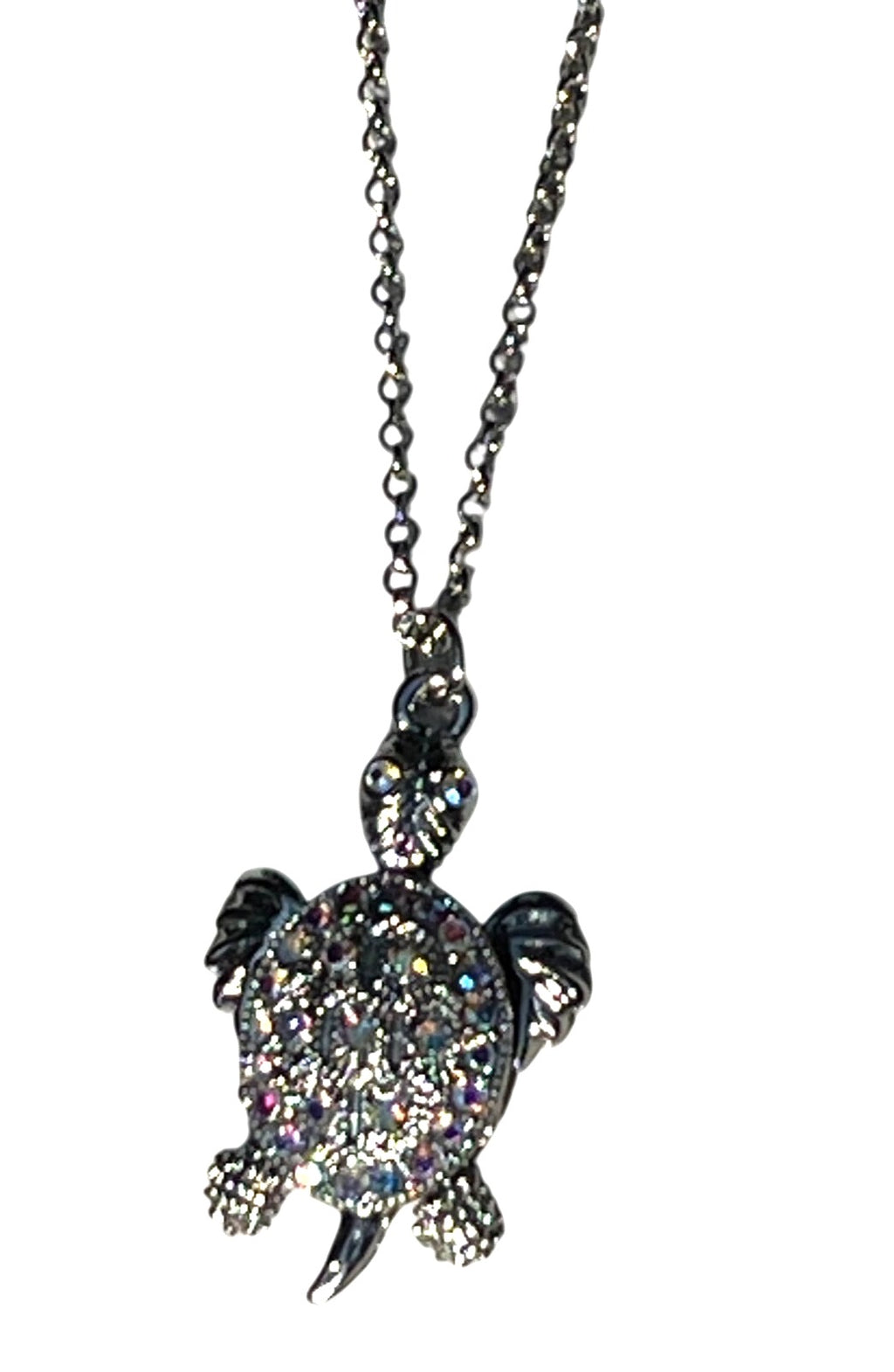 Silver Sea Turtle Pendant Necklace With Rhinestone Accents 18" Chain Womens Jewelry