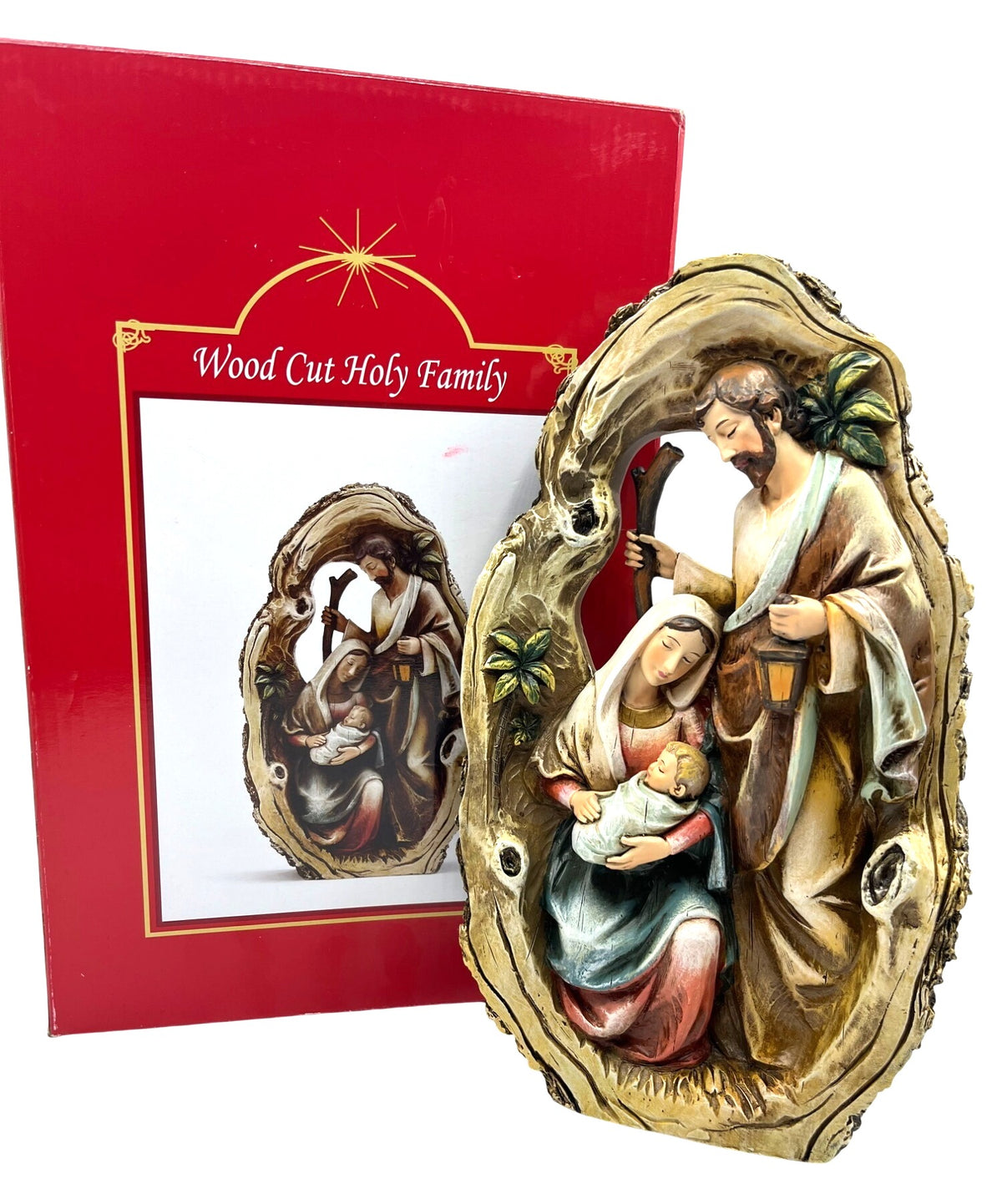 Holy Family 3D Figurine Wood Cut Hand-Painted Christmas Decoration In Rustic Frame