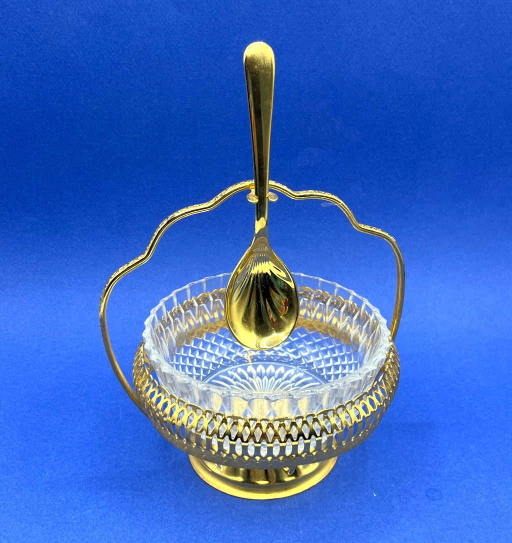 Vintage Mayell England Glass Bowl & Gold Plated Holder With Spoon Set