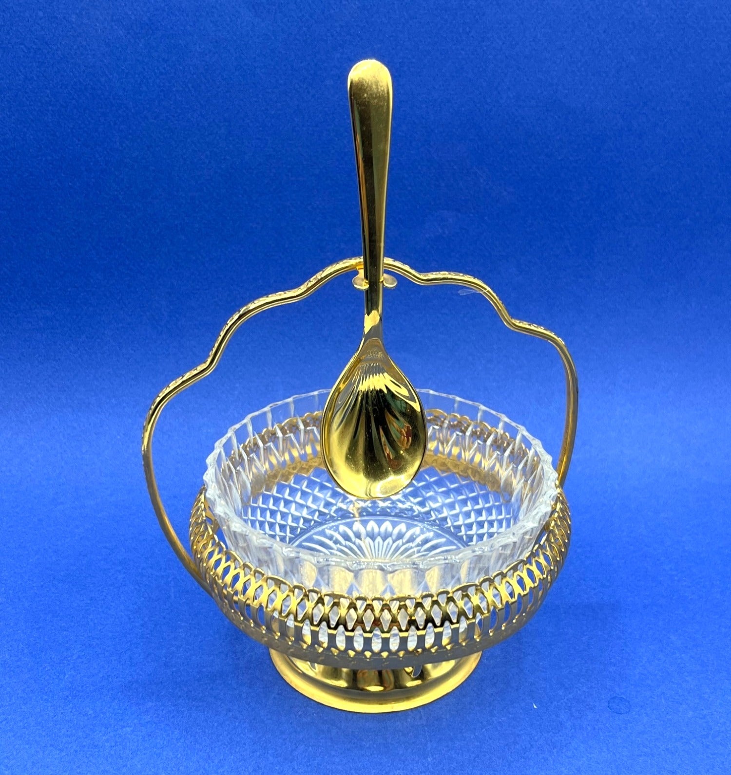 Vintage Mayell England Glass Bowl & Gold Plated Holder With Spoon Set