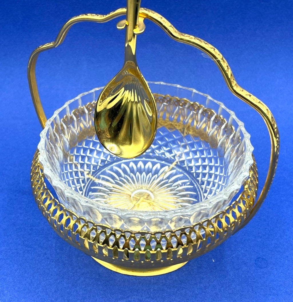 Vintage Mayell England Glass Bowl & Gold Plated Holder With Spoon Set