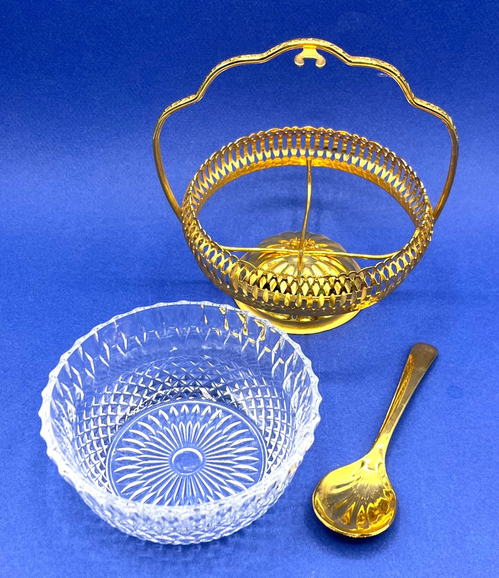 Vintage Mayell England Glass Bowl & Gold Plated Holder With Spoon Set