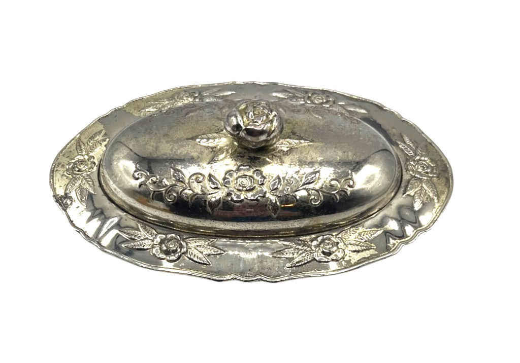 Vintage 1940's Silver Plated Covered Trinket Box With Floral Detailing & Feet Made in Occupied Japan