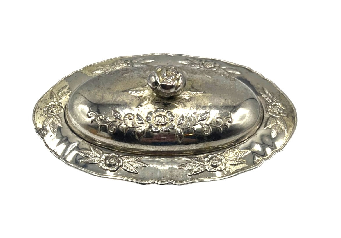 Vintage 1940's Silver Plated Covered Trinket Box With Floral Detailing & Feet Made in Occupied Japan