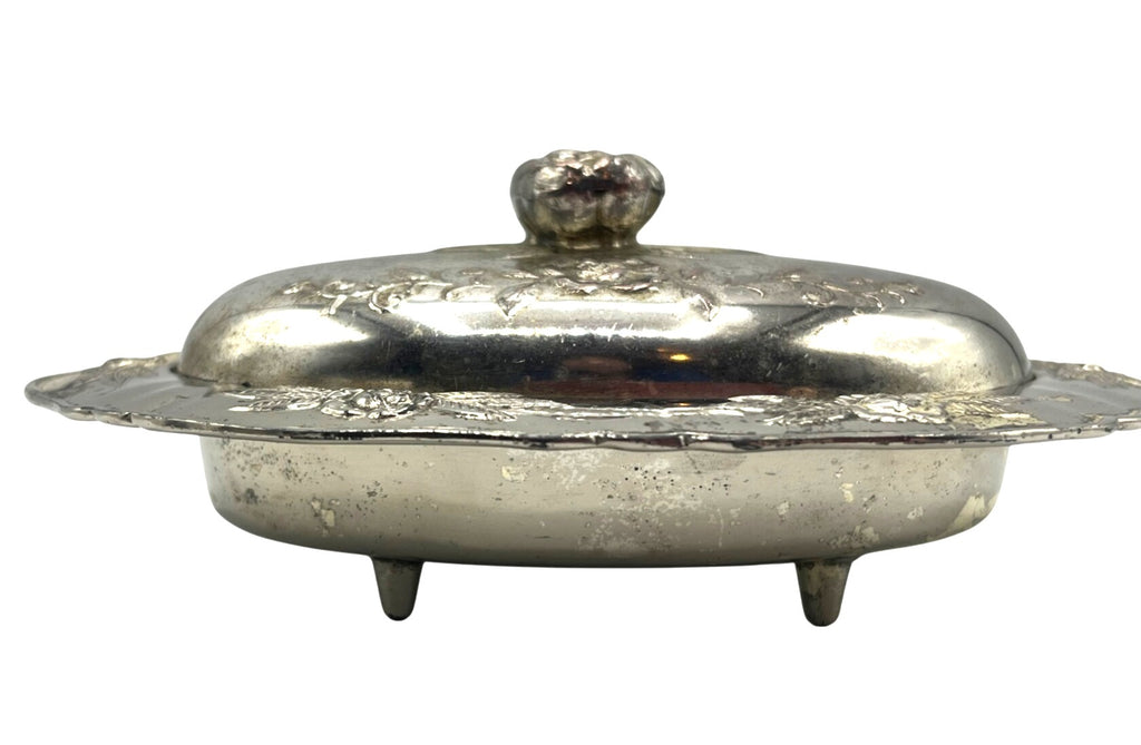 Vintage 1940's Silver Plated Covered Trinket Box With Floral Detailing & Feet Made in Occupied Japan