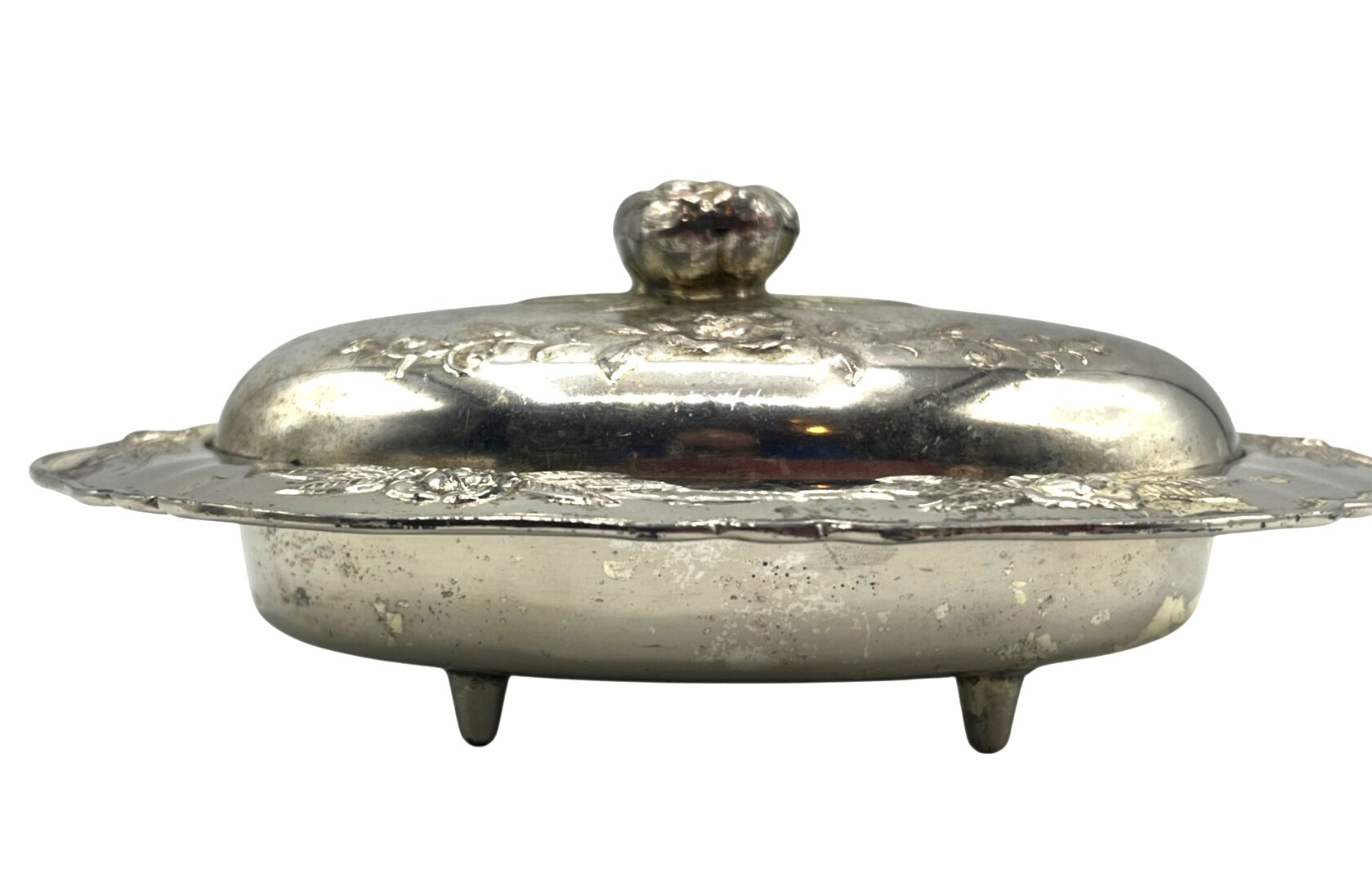 Vintage 1940's Silver Plated Covered Trinket Box With Floral Detailing & Feet Made in Occupied Japan