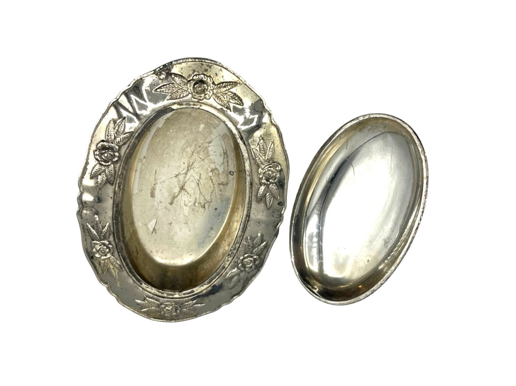 Vintage 1940's Silver Plated Covered Trinket Box With Floral Detailing & Feet Made in Occupied Japan