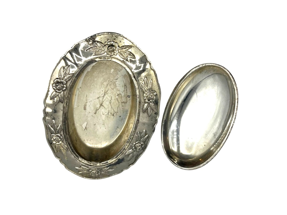 Vintage 1940's Silver Plated Covered Trinket Box With Floral Detailing & Feet Made in Occupied Japan