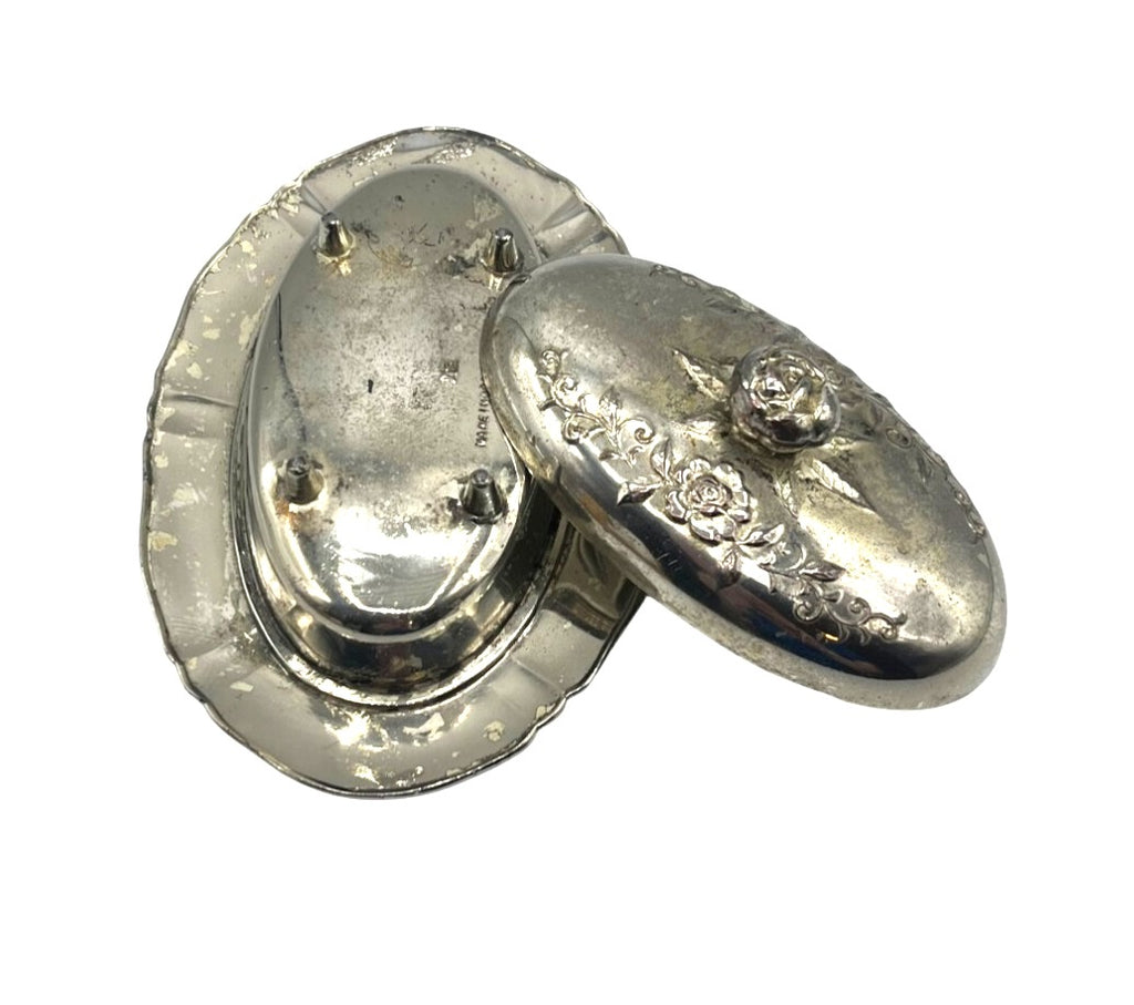 Vintage 1940's Silver Plated Covered Trinket Box With Floral Detailing & Feet Made in Occupied Japan