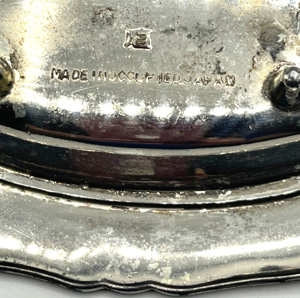 Vintage 1940's Silver Plated Covered Trinket Box With Floral Detailing & Feet Made in Occupied Japan
