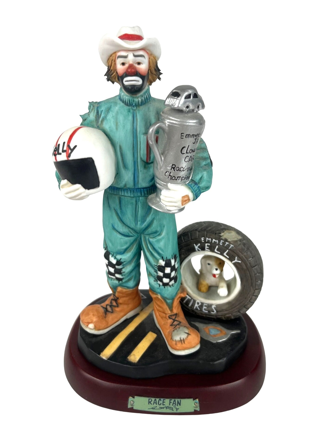 Emmett Kelly Jr. Professional Series Collection Race Fan Porcelain Figurine Holding Trophy Helmet Kelly Tires 1990s 10" Tall