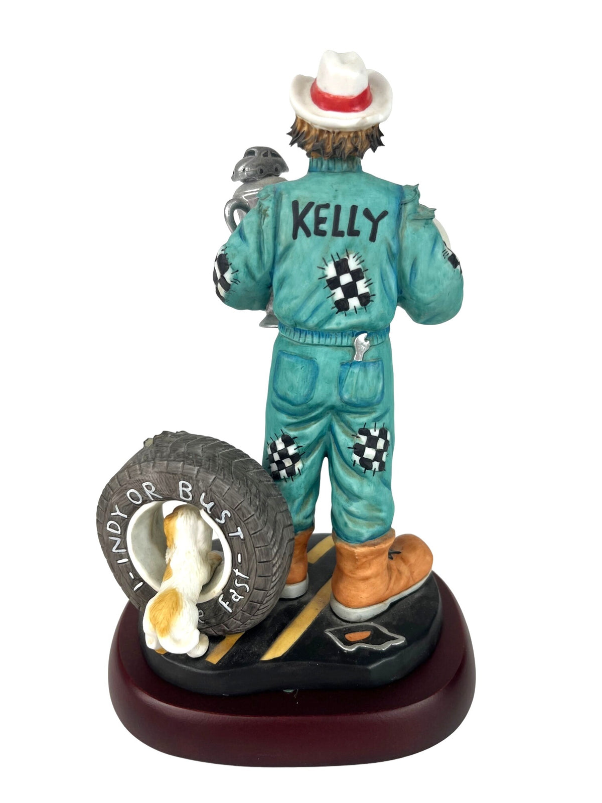 Emmett Kelly Jr. Professional Series Collection Race Fan Porcelain Figurine Holding Trophy Helmet Kelly Tires 1990s 10" Tall