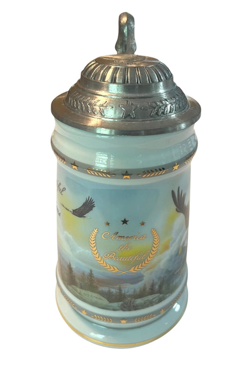 America The Beautiful Spacious Skies Tankard w Hinged Pewter Lid & Eagle Design By Longton Crown with Certificate