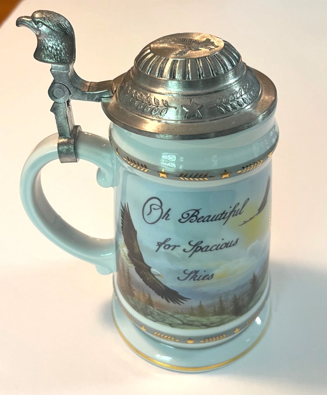 America The Beautiful Spacious Skies Tankard w Hinged Pewter Lid & Eagle Design By Longton Crown with Certificate