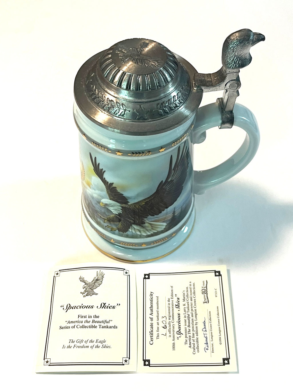 America The Beautiful Spacious Skies Tankard w Hinged Pewter Lid & Eagle Design By Longton Crown with Certificate