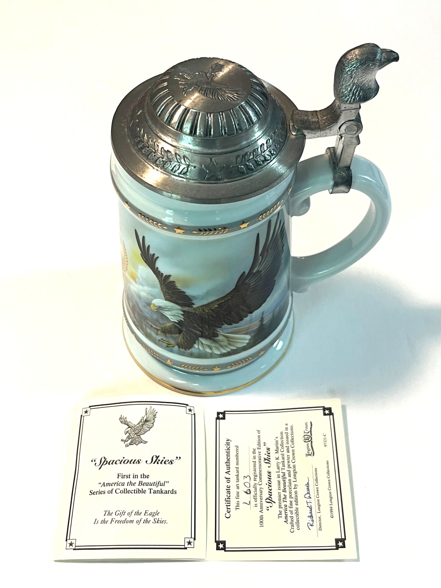 America The Beautiful Spacious Skies Tankard w Hinged Pewter Lid & Eagle Design By Longton Crown with Certificate