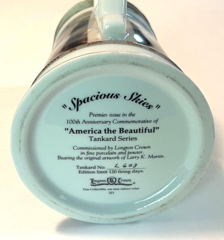 America The Beautiful Spacious Skies Tankard w Hinged Pewter Lid & Eagle Design By Longton Crown with Certificate