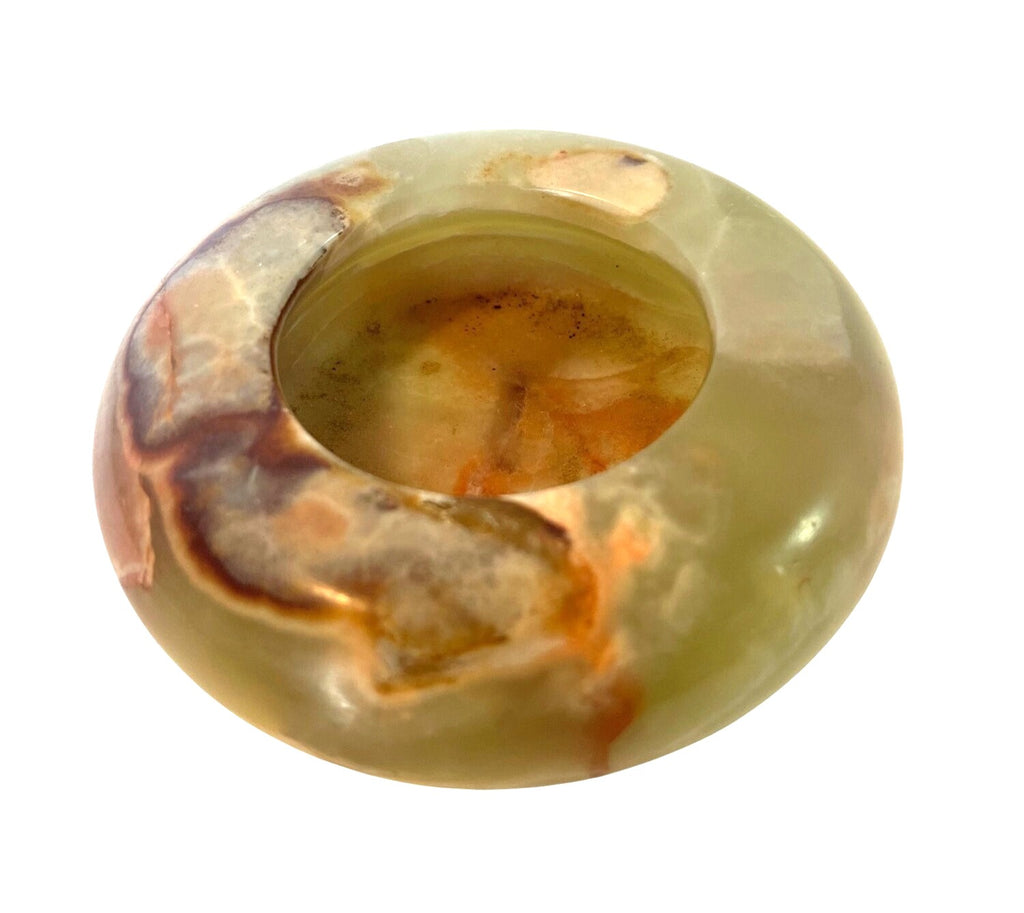 Vintage Hand Carved Polished Onyx Stone Ash Tray With Natural Earthy Tones 4" diameter