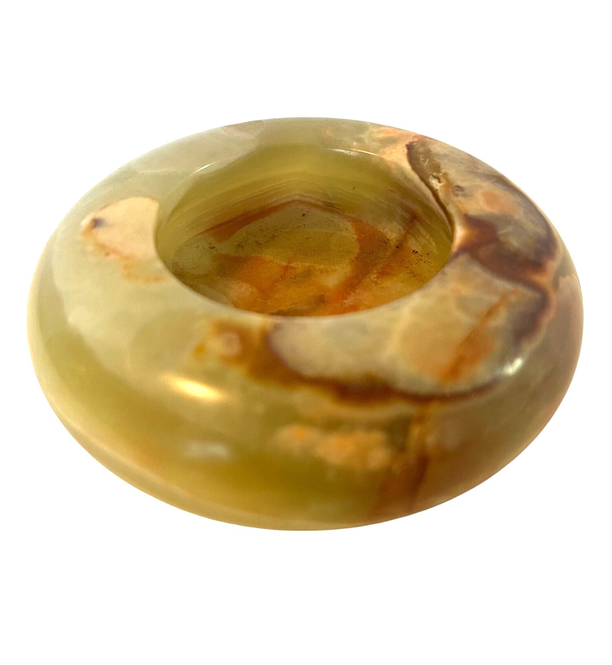 Vintage Hand Carved Polished Onyx Stone Ash Tray With Natural Earthy Tones 4" diameter