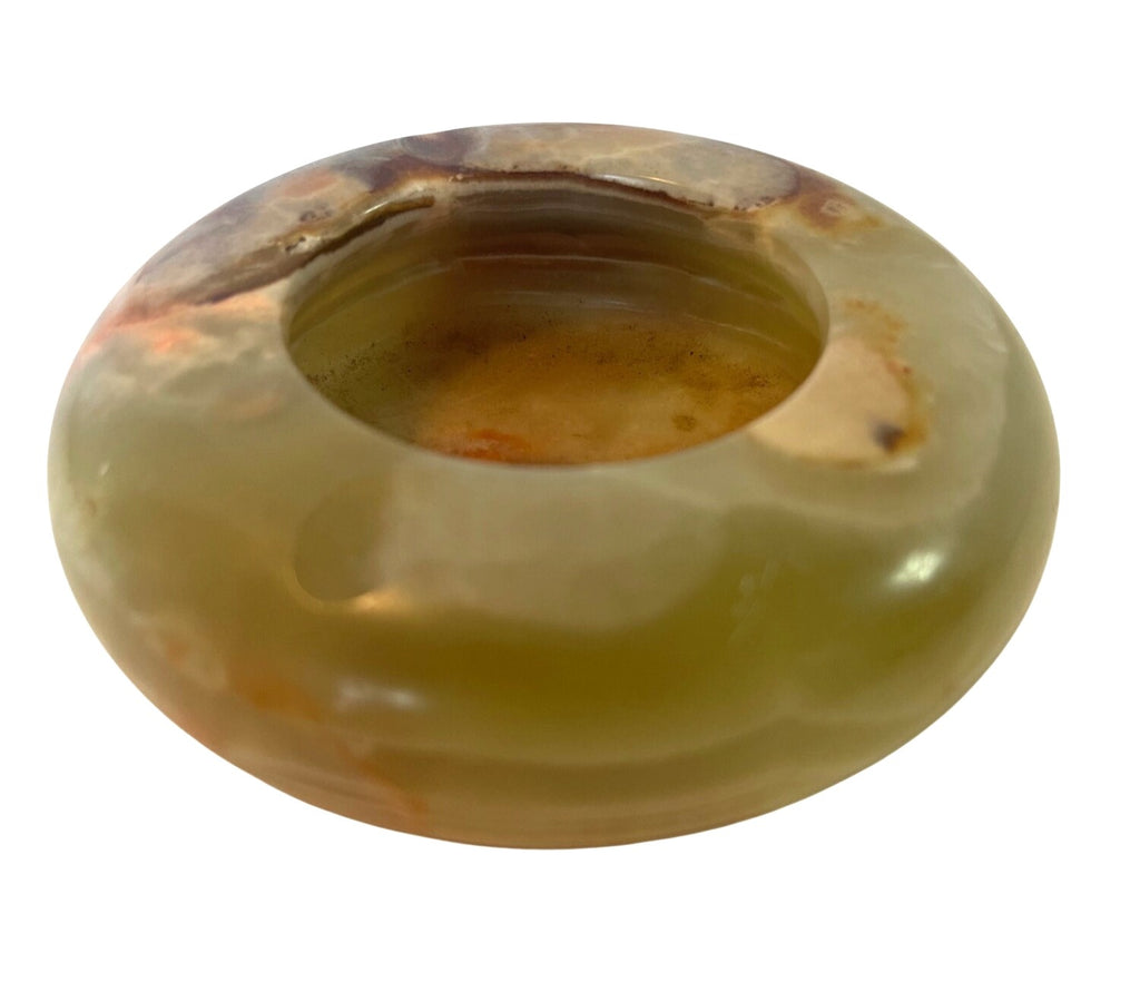 Vintage Hand Carved Polished Onyx Stone Ash Tray With Natural Earthy Tones 4" diameter