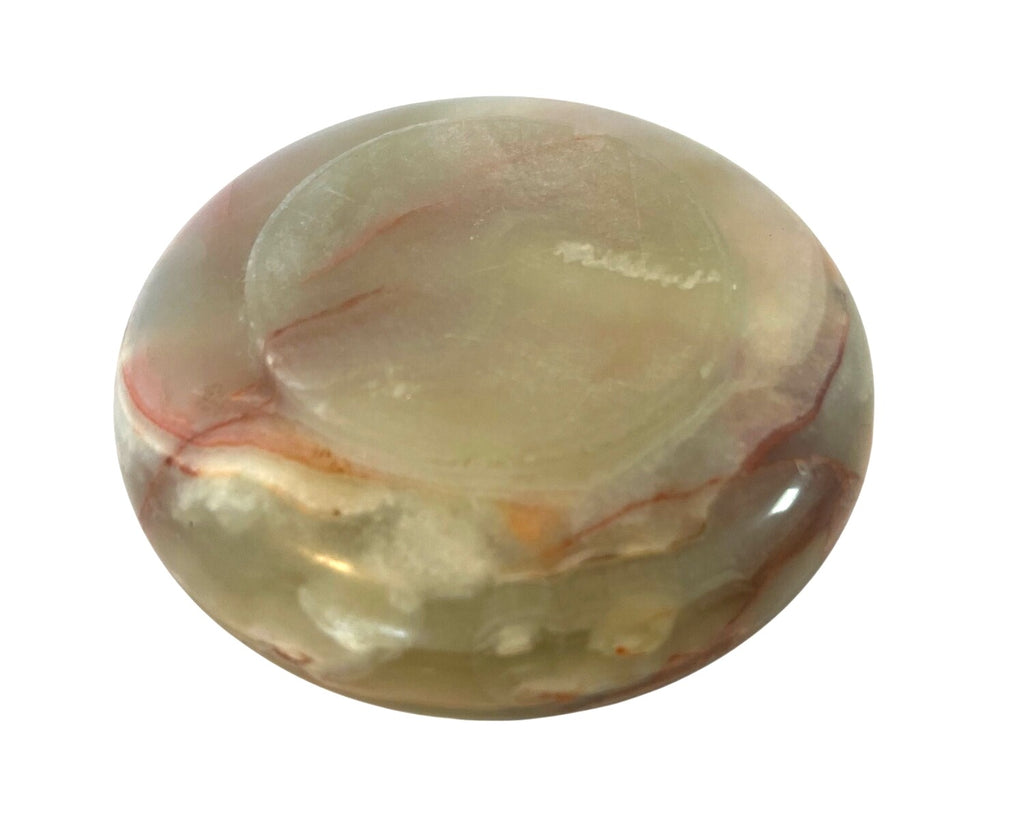 Vintage Hand Carved Polished Onyx Stone Ash Tray With Natural Earthy Tones 4" diameter
