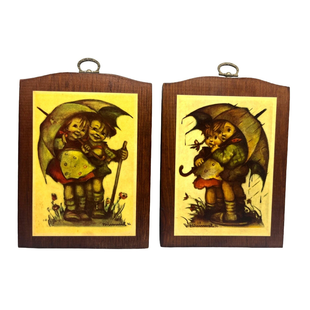 Vintage Hummel Art Plaques Set Of 2 Children With Umbrella Art Print on Wood