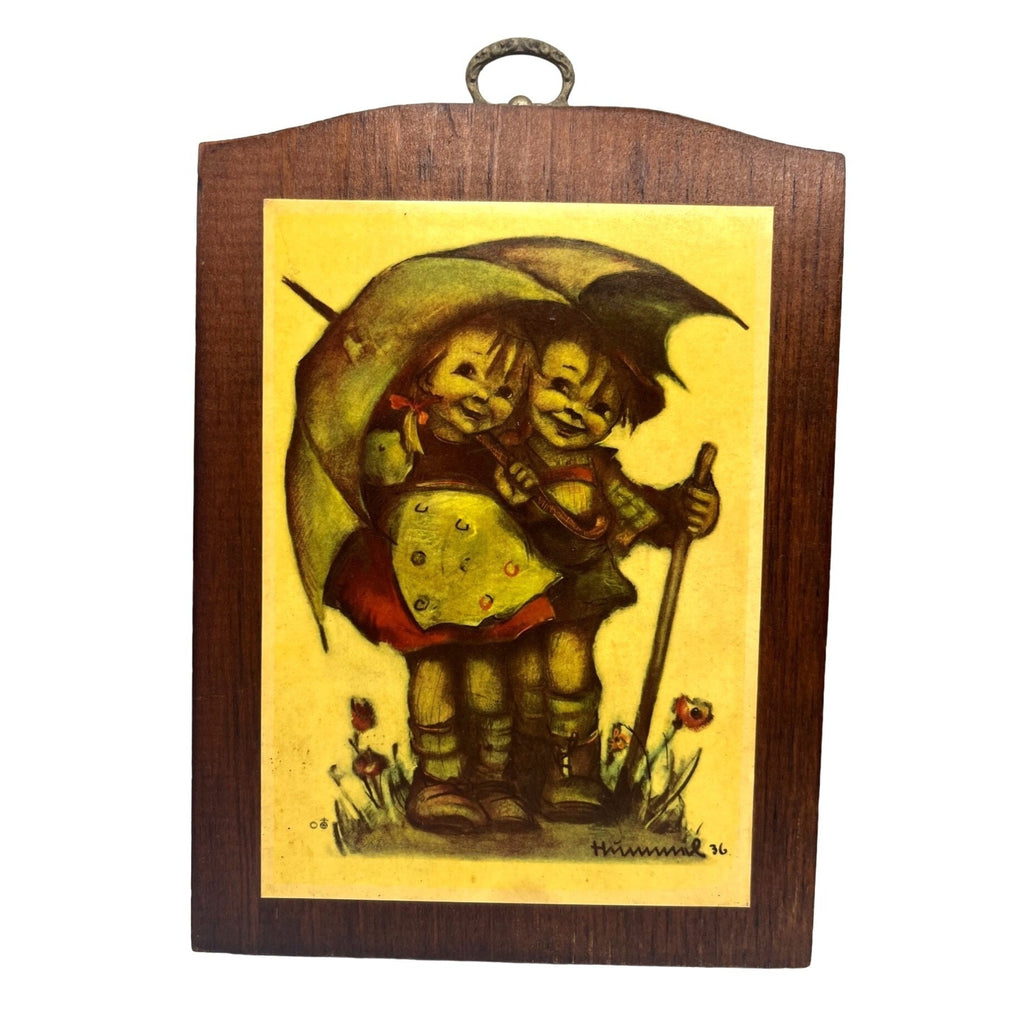 Vintage Hummel Art Plaques Set Of 2 Children With Umbrella Art Print on Wood