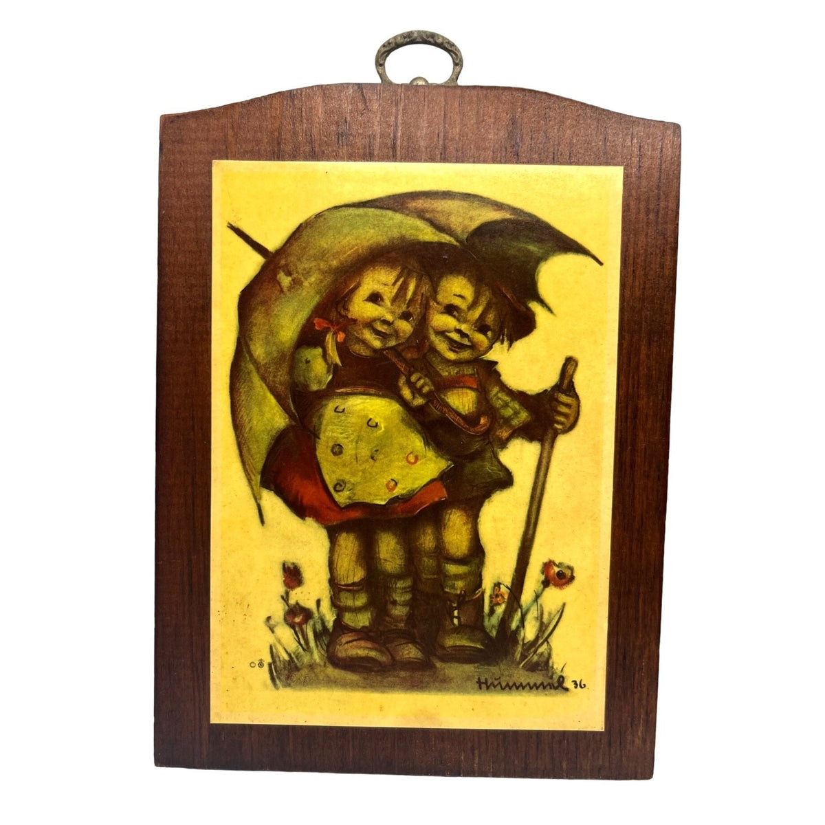 Vintage Hummel Art Plaques Set Of 2 Children With Umbrella Art Print on Wood