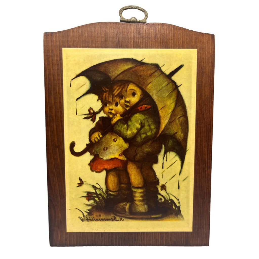 Vintage Hummel Art Plaques Set Of 2 Children With Umbrella Art Print on Wood