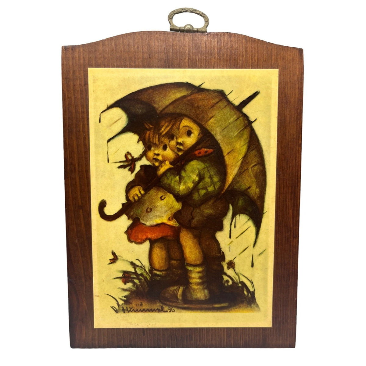 Vintage Hummel Art Plaques Set Of 2 Children With Umbrella Art Print on Wood