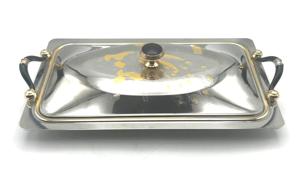 Vintage M.C.M. Inox 18/10 Stainless Steel Lidded Serving Tray With Gold Etched Peacock Design Artist Signed