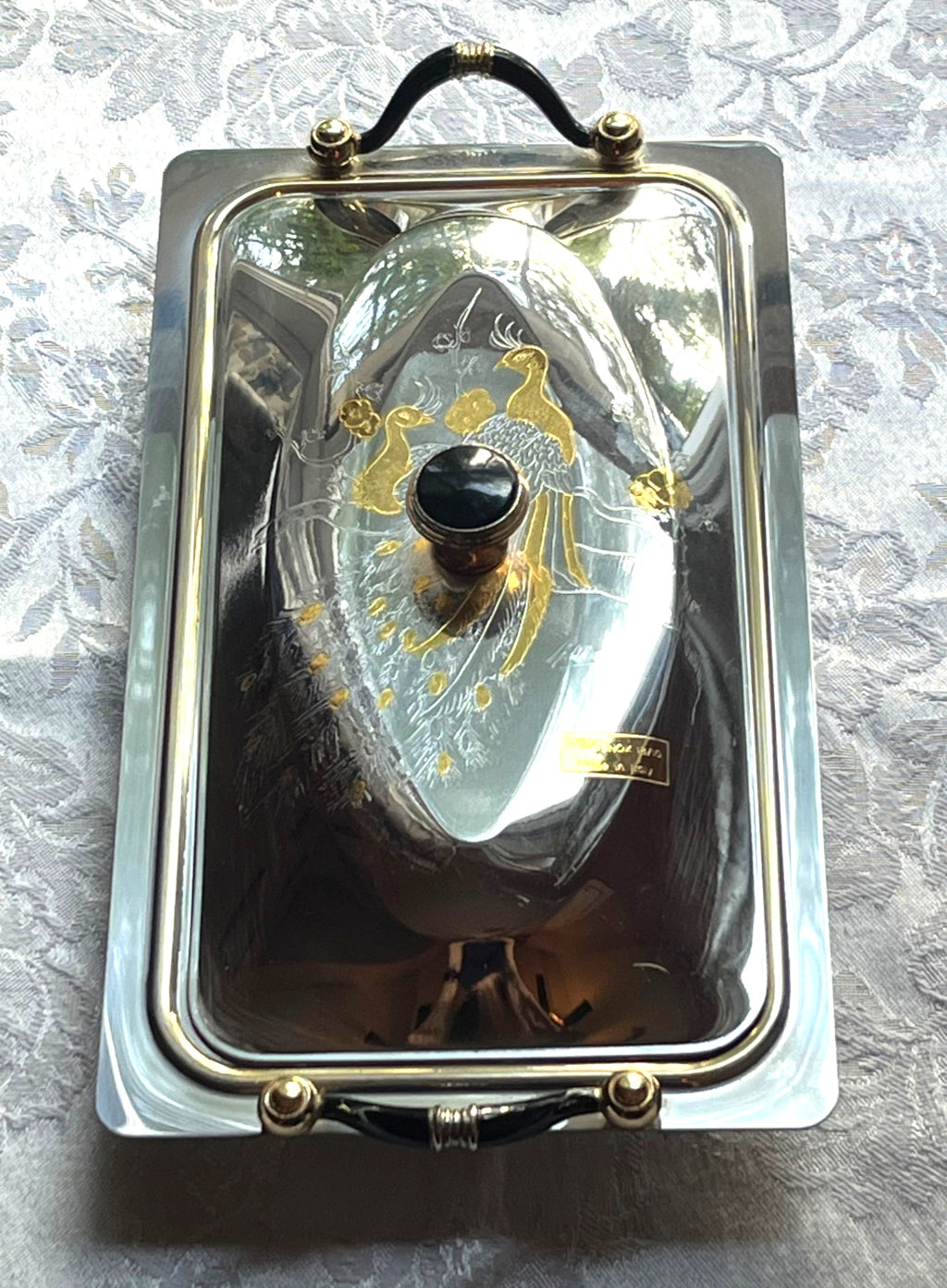 Vintage M.C.M. Inox 18/10 Stainless Steel Lidded Serving Tray With Gold Etched Peacock Design Artist Signed