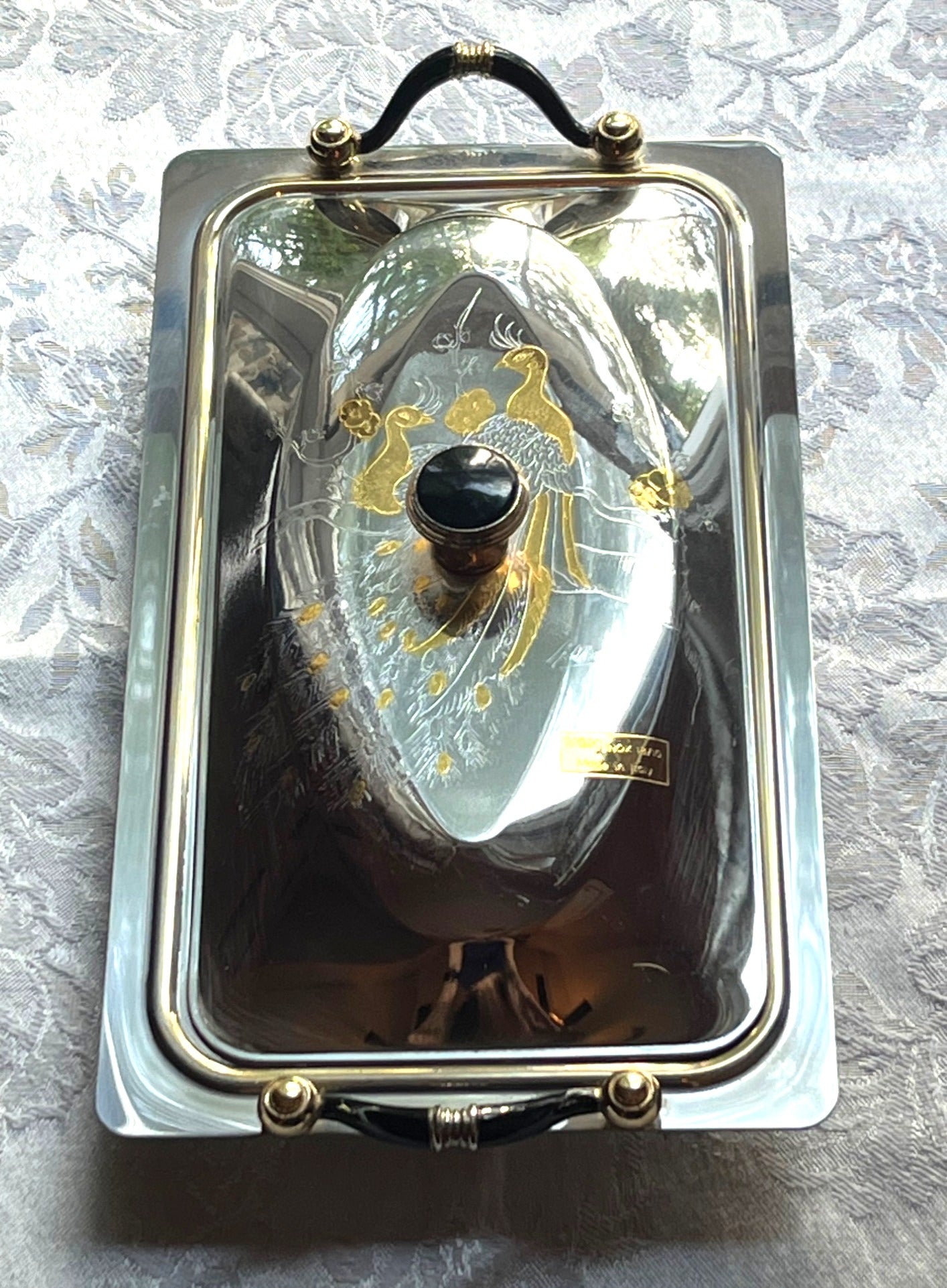 Vintage M.C.M. Inox 18/10 Stainless Steel Lidded Serving Tray With Gold Etched Peacock Design Artist Signed