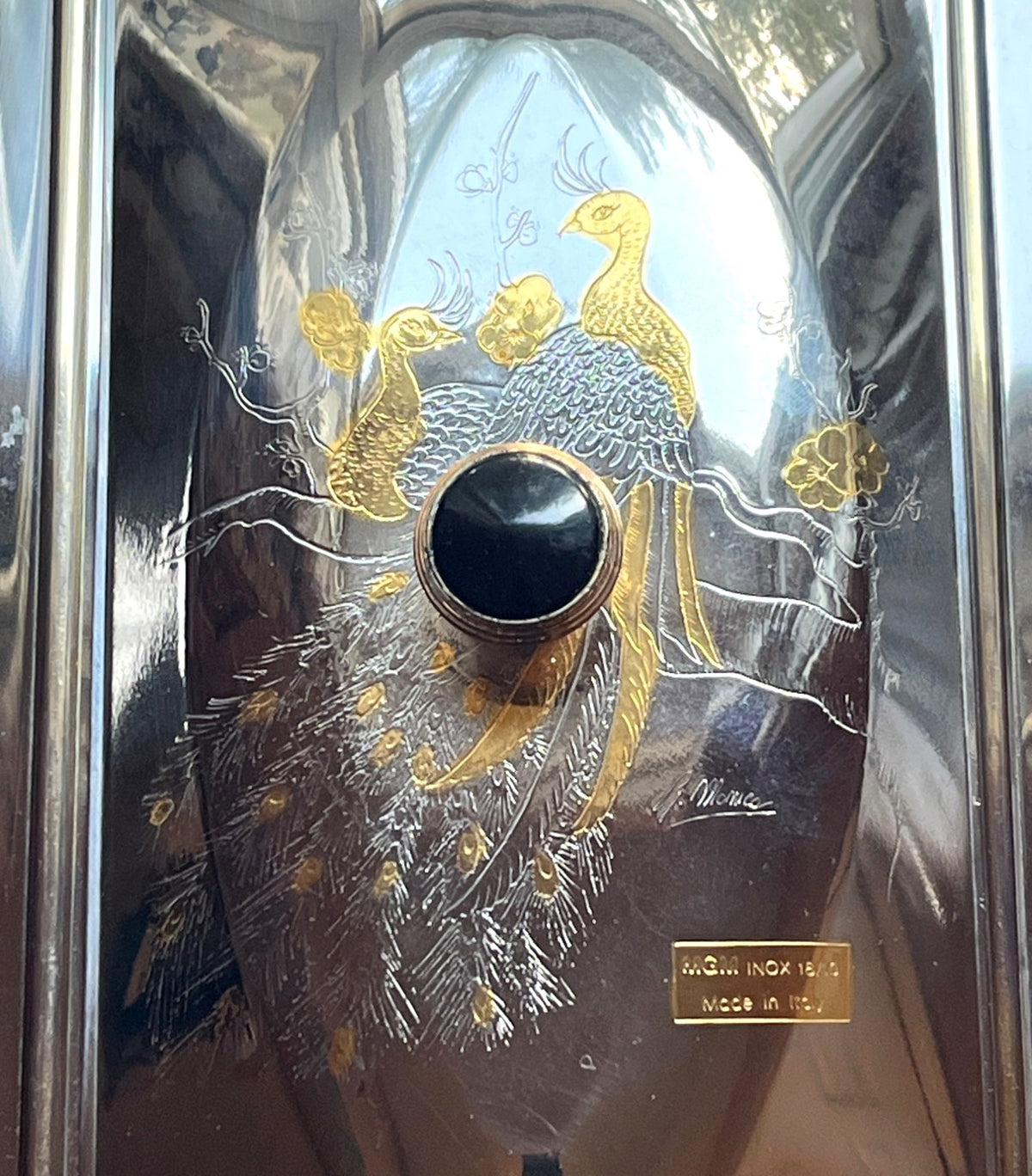 Vintage M.C.M. Inox 18/10 Stainless Steel Lidded Serving Tray With Gold Etched Peacock Design Artist Signed