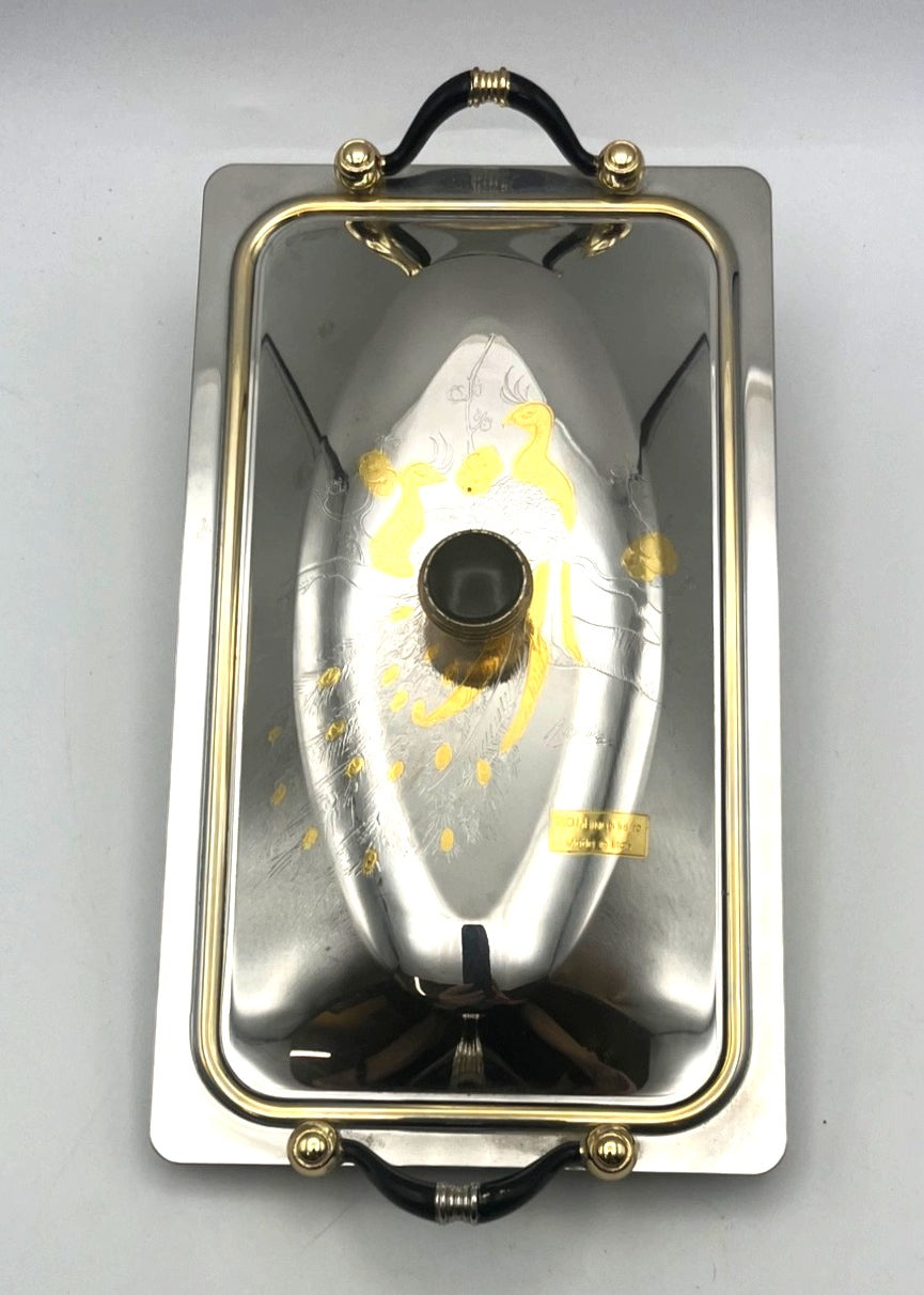 Vintage M.C.M. Inox 18/10 Stainless Steel Lidded Serving Tray With Gold Etched Peacock Design Artist Signed