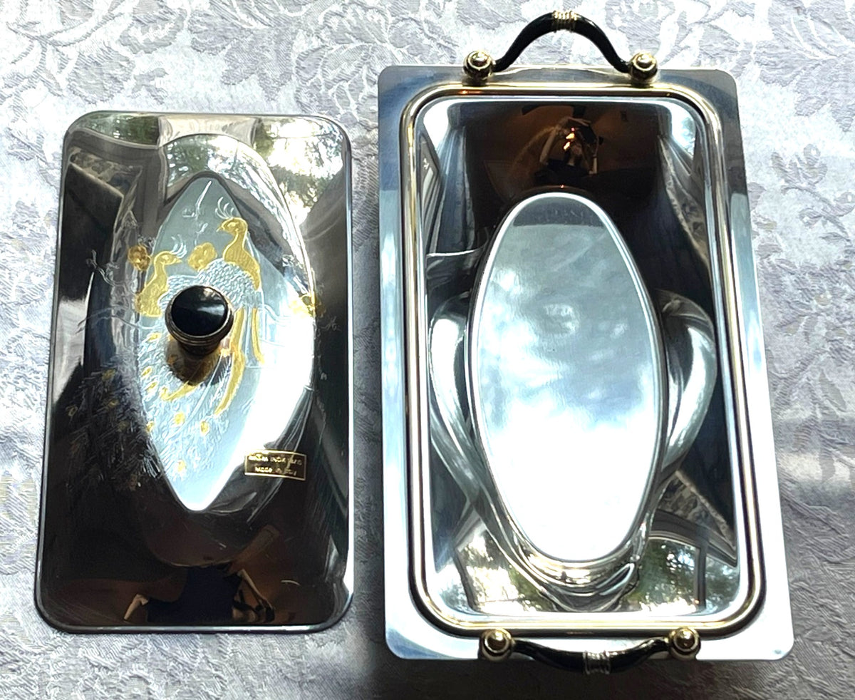 Vintage M.C.M. Inox 18/10 Stainless Steel Lidded Serving Tray With Gold Etched Peacock Design Artist Signed
