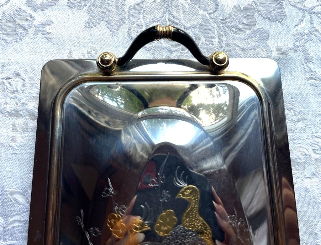 Vintage M.C.M. Inox 18/10 Stainless Steel Lidded Serving Tray With Gold Etched Peacock Design Artist Signed