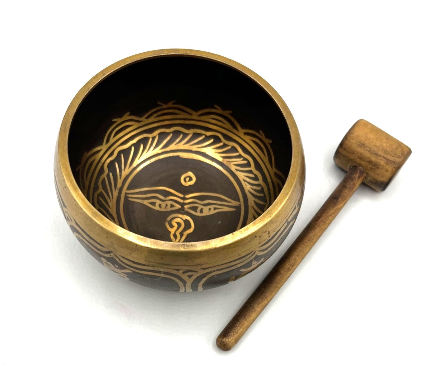 Handcrafted Tibetan Brass Singing Sound Bowl w Wooden Mallet Intricate Gold-Tone Etchings & Meditation Motifs 4.5" diameter