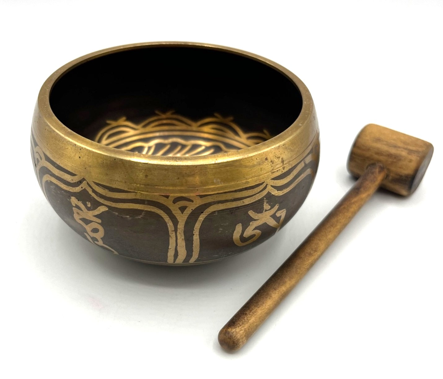 Handcrafted Tibetan Brass Singing Sound Bowl w Wooden Mallet Intricate Gold-Tone Etchings & Meditation Motifs 4.5" diameter