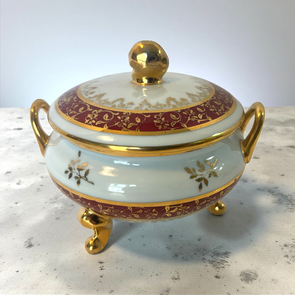 Vintage Limoges France Covered Porcelain Dish With Gold Trim Red & Gold Floral Pattern Footed Handles Elegant Design 3.5" tall