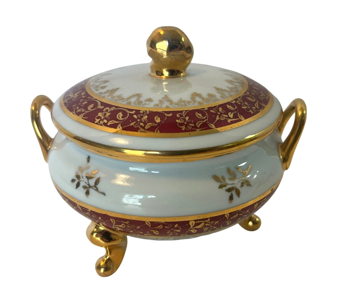 Vintage Limoges France Covered Porcelain Dish With Gold Trim Red & Gold Floral Pattern Footed Handles Elegant Design 3.5" tall