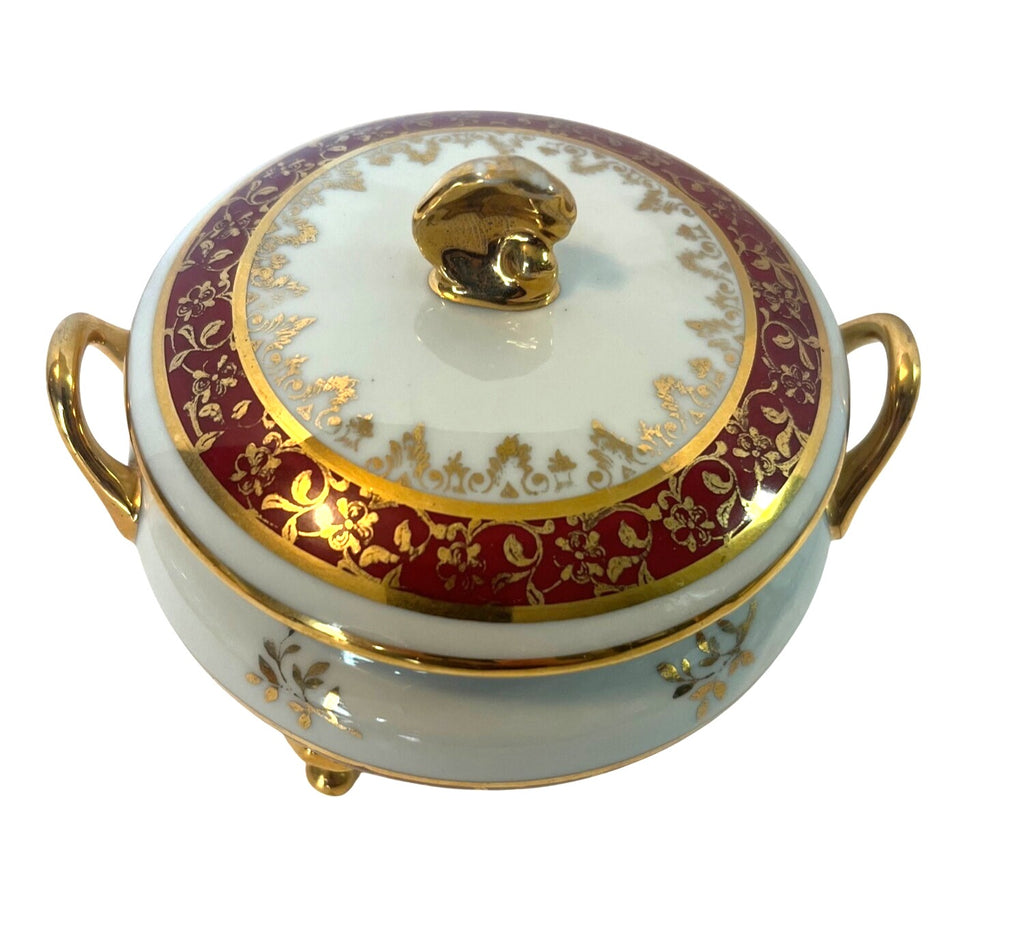 Vintage Limoges France Covered Porcelain Dish With Gold Trim Red & Gold Floral Pattern Footed Handles Elegant Design 3.5" tall