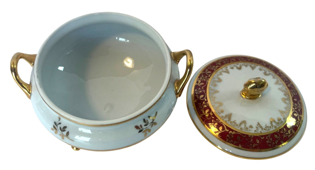 Vintage Limoges France Covered Porcelain Dish With Gold Trim Red & Gold Floral Pattern Footed Handles Elegant Design 3.5" tall
